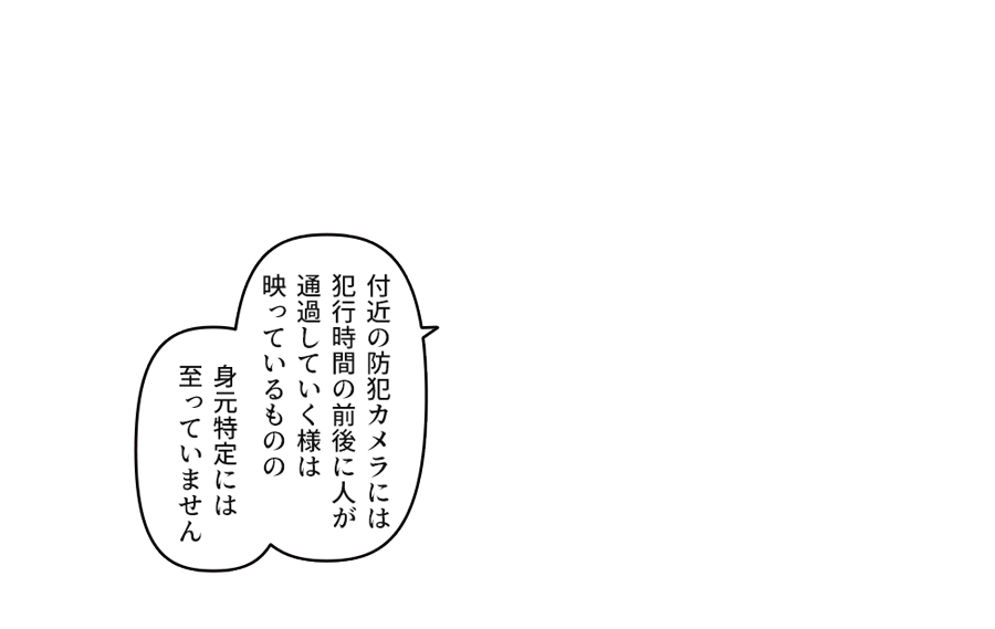 「付近の防犯カメラには犯行時間の前後に人が通過していく様は映っているものの身元特定には至っていません」
