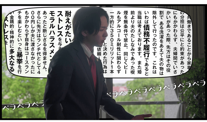 依頼人に対して強気な発言と独特のテンションで接する羽男