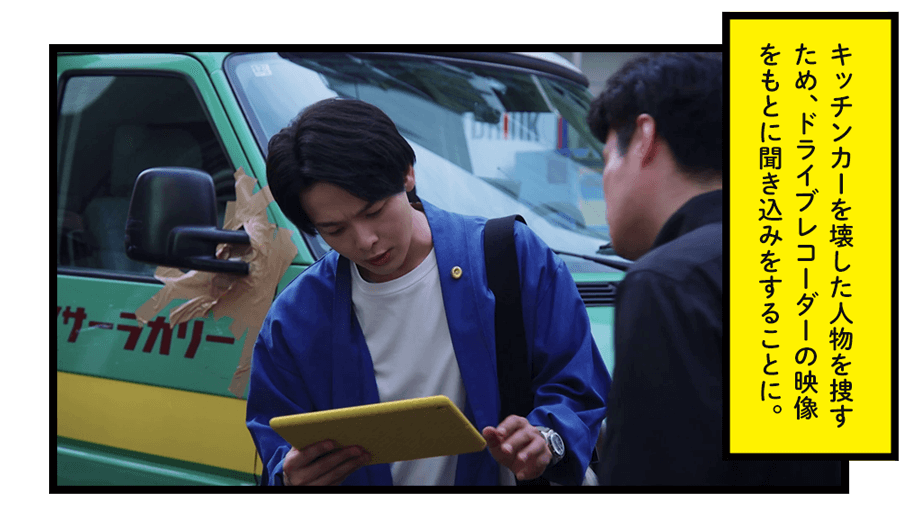 キッチンカーを壊した人物を捜すため、ドライブレコーダーの映像をもとに聞き込みをすることに。